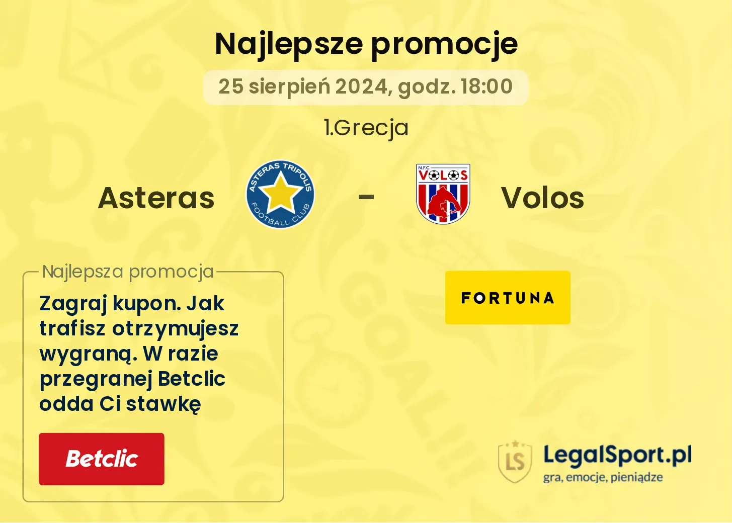 Asteras - Volos promocje u bukmacherów 25.08, 18:00