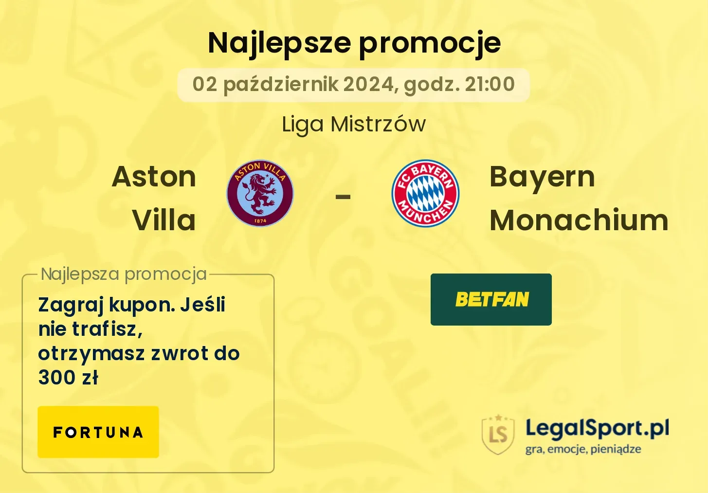Aston Villa - Bayern Monachium promocje u bukmacherów 02.10, 21:00