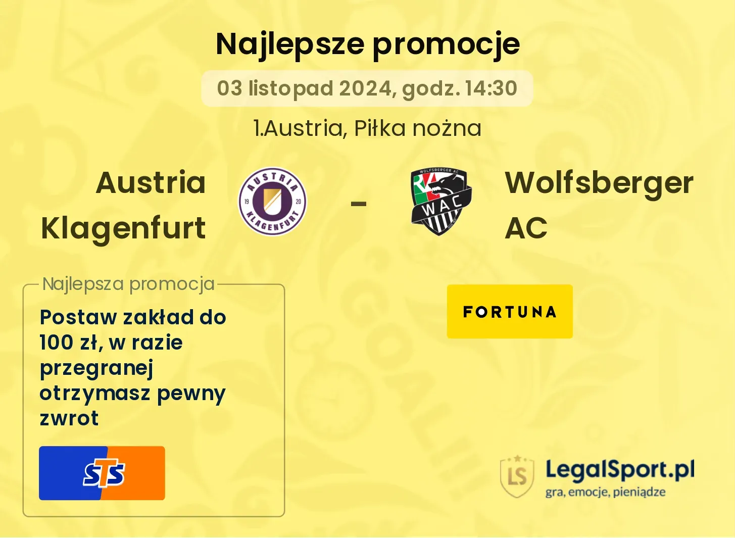 Austria Klagenfurt - Wolfsberger AC promocje bukmacherskie 03.11, 14:30