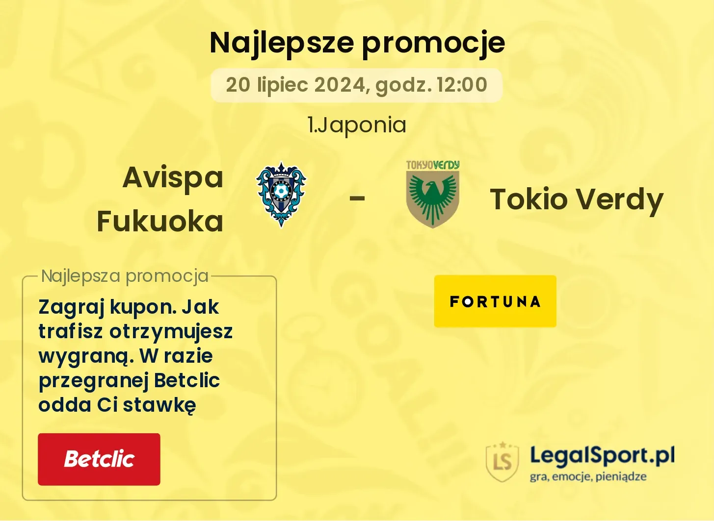 Avispa Fukuoka - Tokio Verdy promocje bukmacherskie (20.07, 12:00)