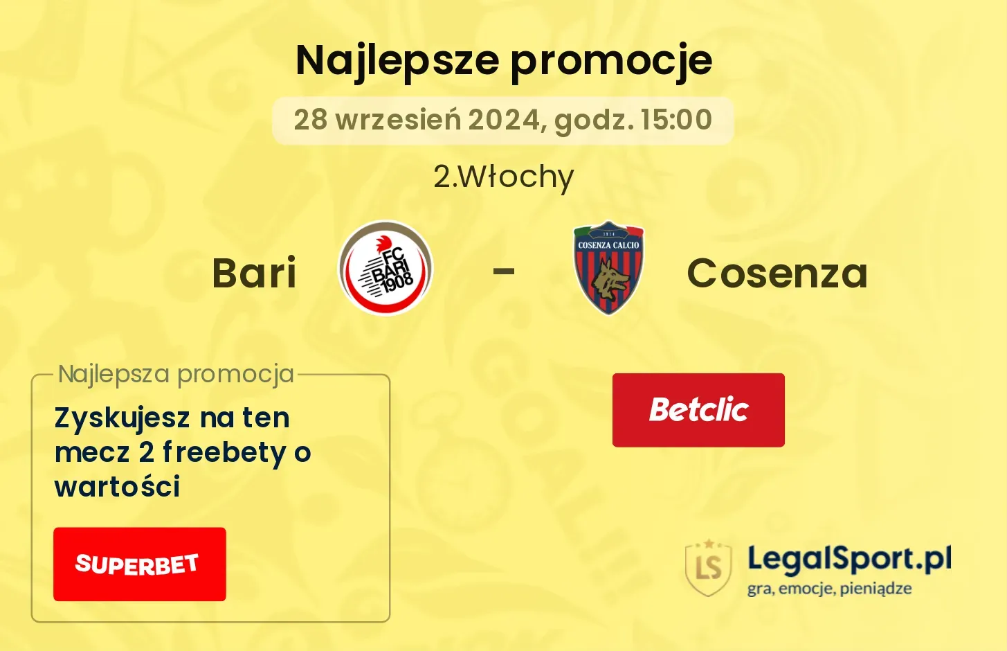 Bari - Cosenza promocje u bukmacherów 28.09, 15:00