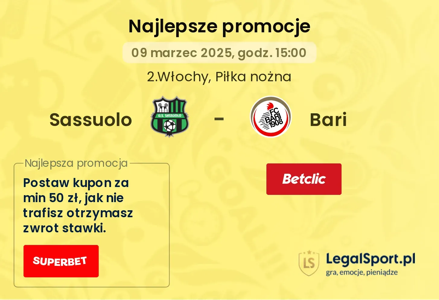 Sassuolo - Bari promocje bukmacherskie
