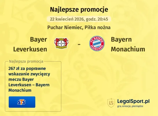 STS: 267 zł za wytypowanie zwycięzcy meczu Bayer Leverkusen – Bayern Monachium