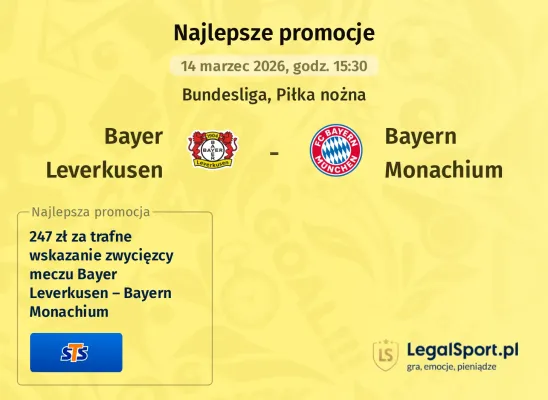 STS: 247 zł za wytypowanie zwycięzcy meczu Bayer Leverkusen – Bayern Monachium