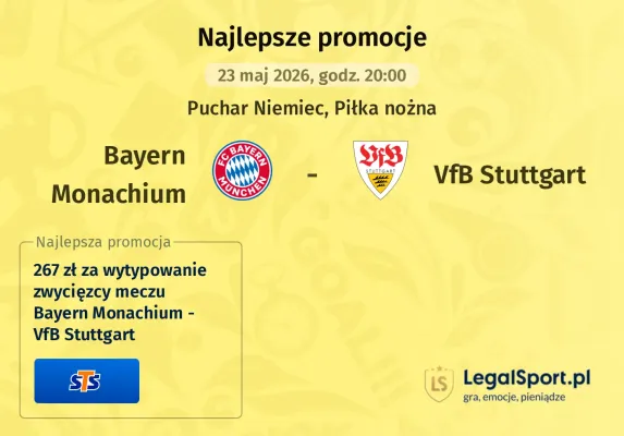 STS: 267 zł za wytypowanie zwycięzcy meczu Bayern Monachium - VfB Stuttgart