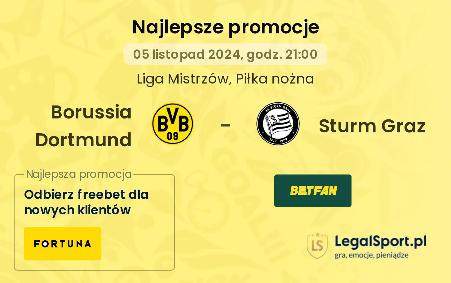 Borussia Dortmund - Sturm Graz promocje u bukmacherów 05.11, 21:00
