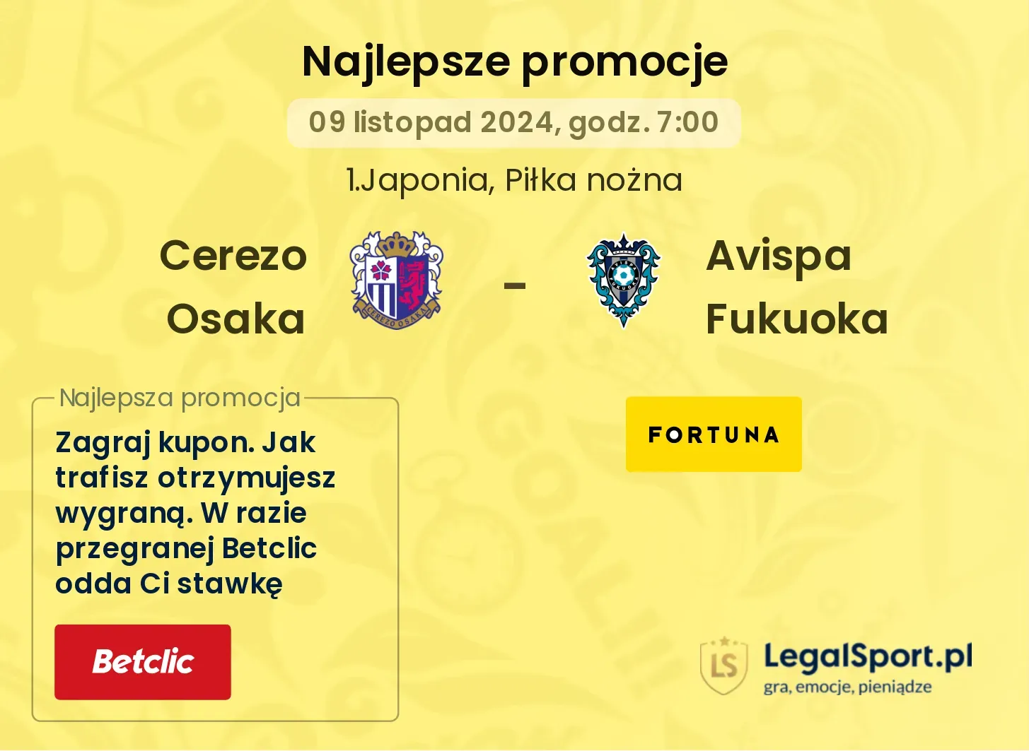 Cerezo Osaka - Avispa Fukuoka promocje bukmacherskie 09.11, 07:00