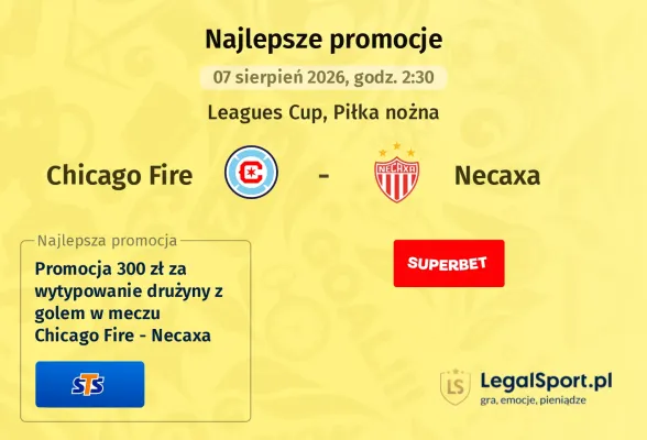 Promocja STS: 300 zł za wytypowanie drużyny z golem w meczu Chicago Fire - Necaxa