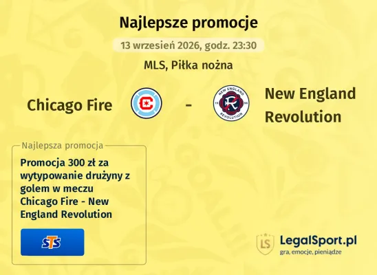 Promocja STS: 300 zł za wytypowanie drużyny z golem w meczu Chicago Fire - New England Revolution