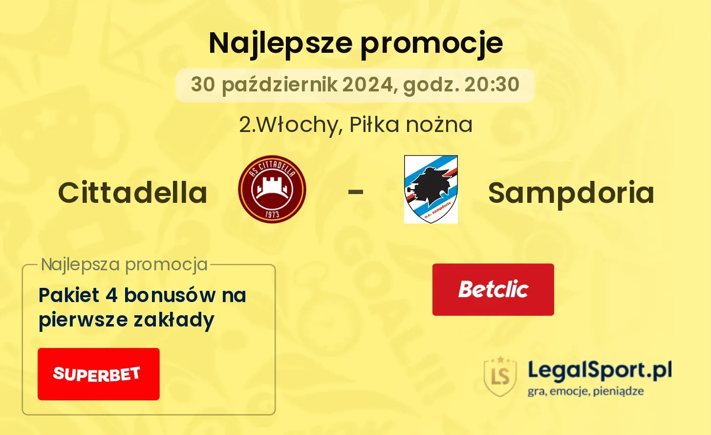 Cittadella - Sampdoria promocje u bukmacherów 30.10, 20:30