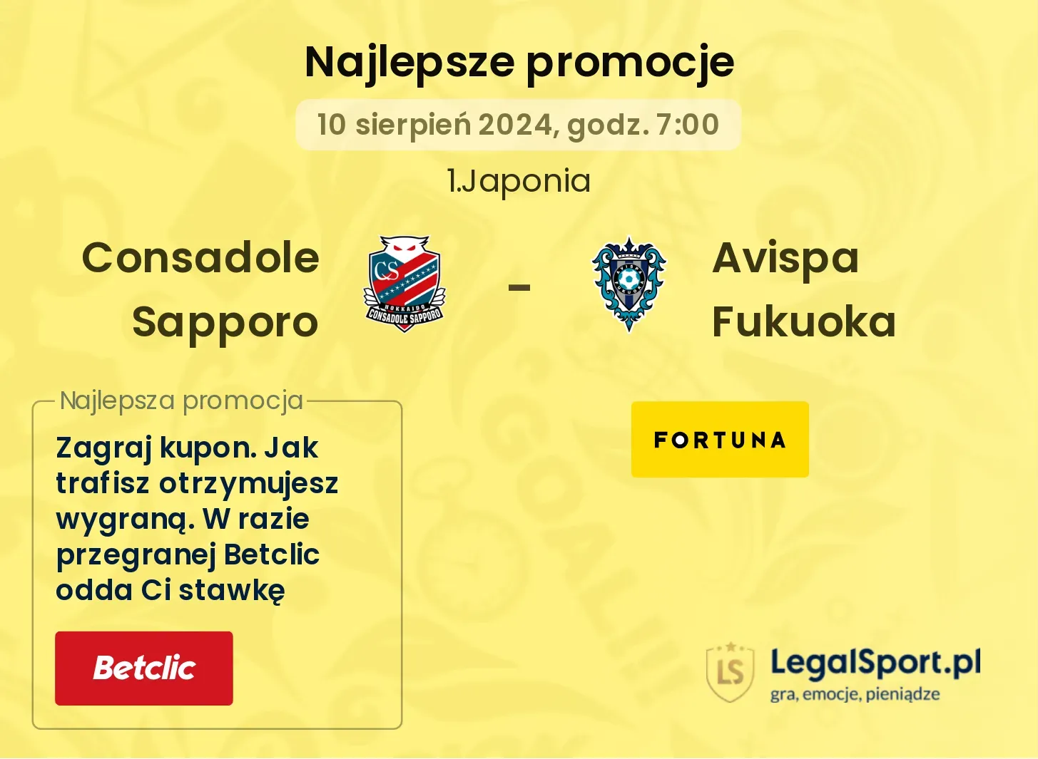 Consadole Sapporo - Avispa Fukuoka promocje bukmacherskie (10.08, 07:00)