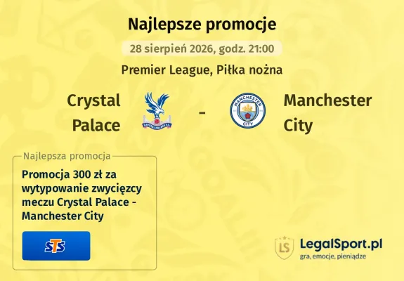 Promocja STS: 300 zł za wytypowanie zwycięzcy meczu Crystal Palace - Manchester City