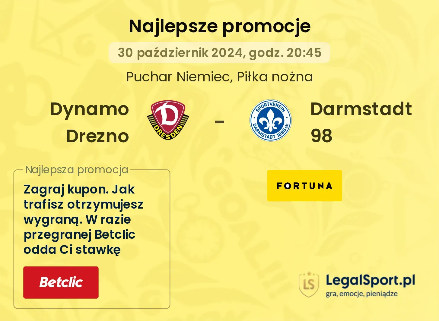 Dynamo Drezno - Darmstadt 98 promocje u bukmacherów 30.10, 20:45
