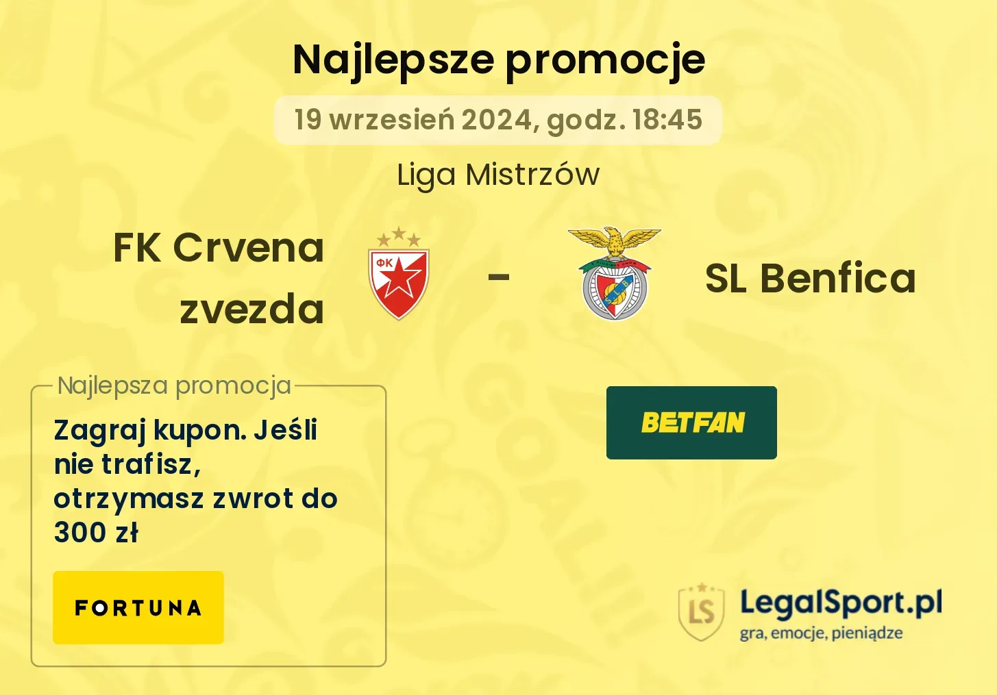 FK Crvena zvezda - SL Benfica promocje bukmacherskie 19.09, 18:45