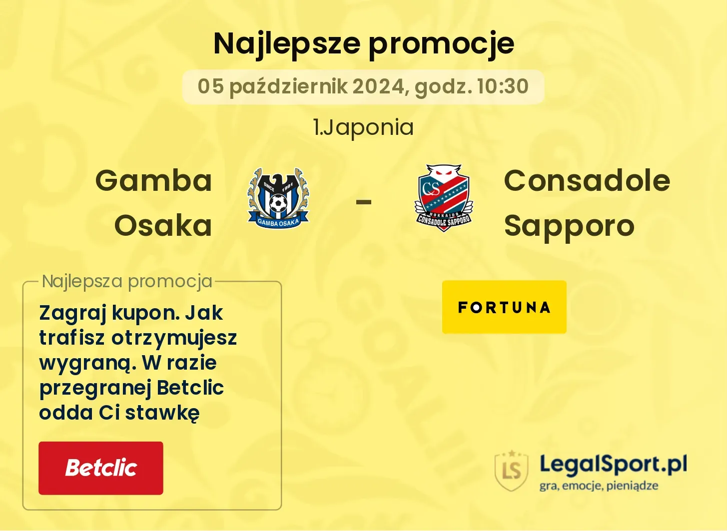 Gamba Osaka - Consadole Sapporo promocje u bukmacherów 05.10, 10:30