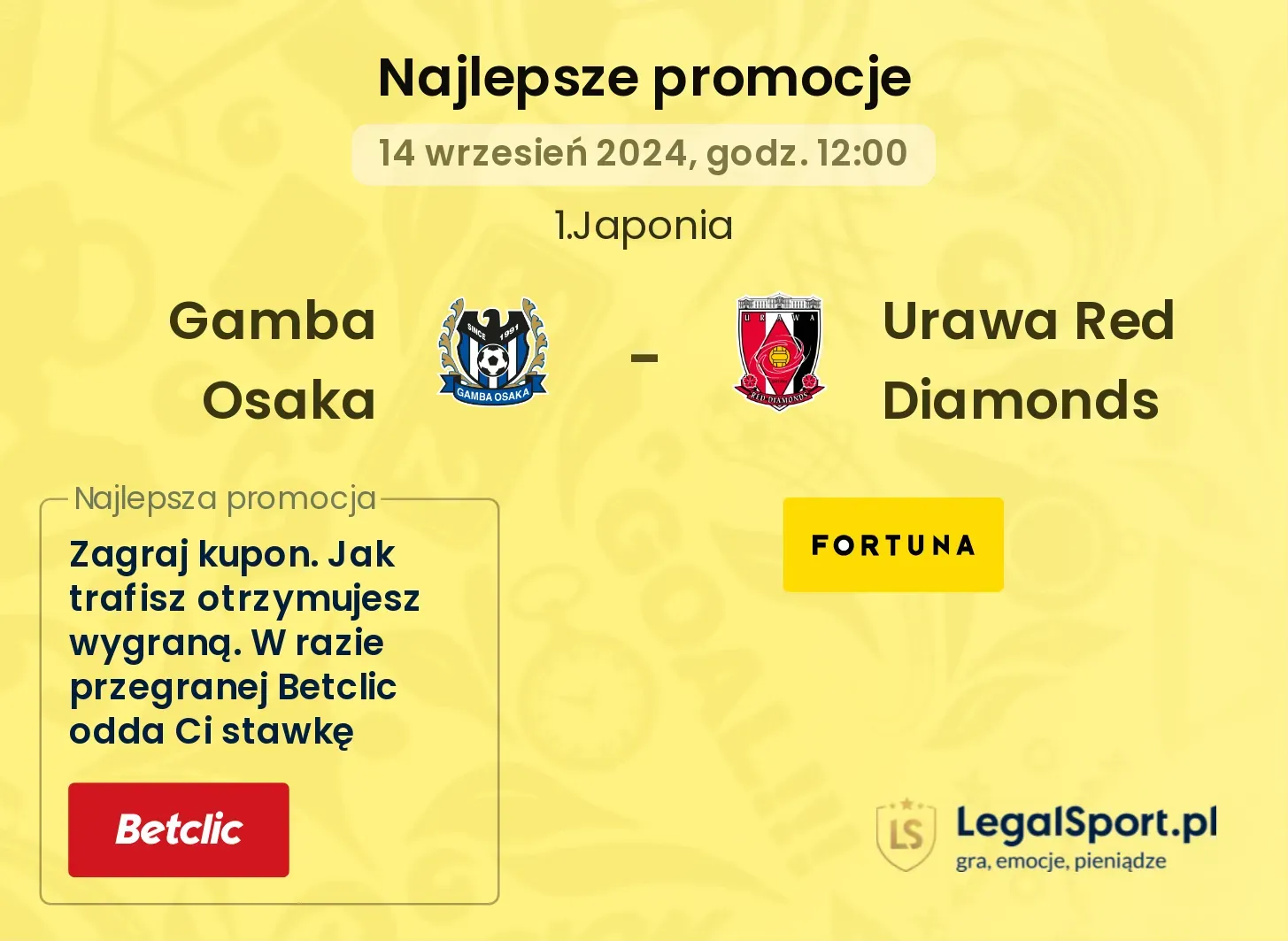 Gamba Osaka - Urawa Red Diamonds promocje bukmacherskie 14.09, 12:00