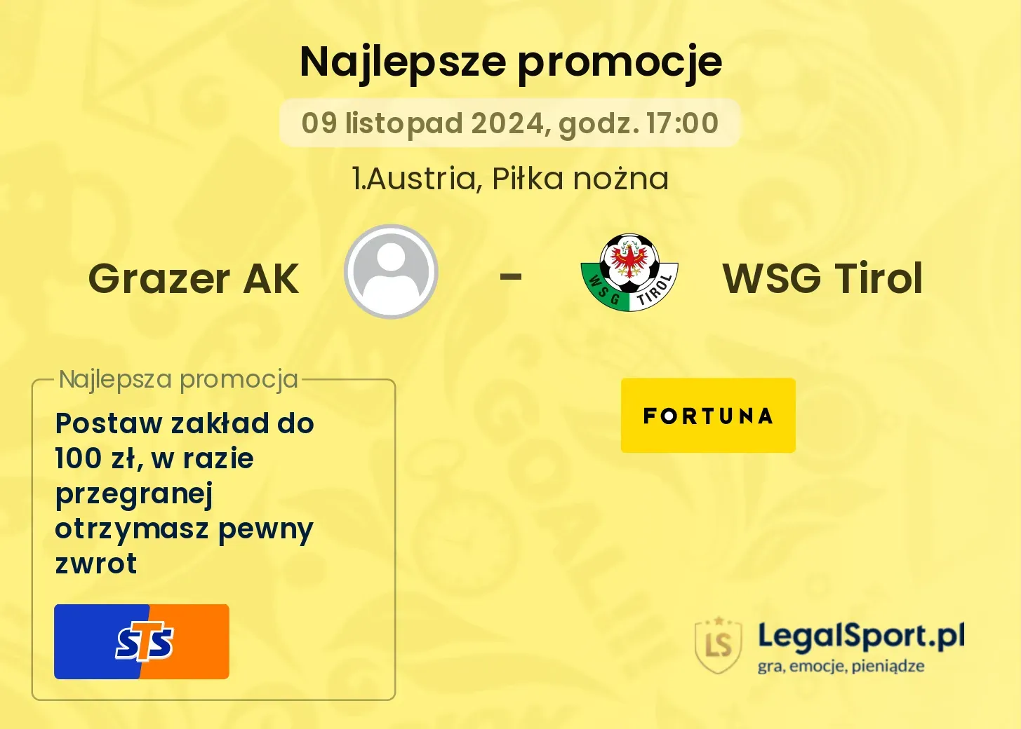 Grazer AK - WSG Tirol promocje bukmacherskie 09.11, 17:00