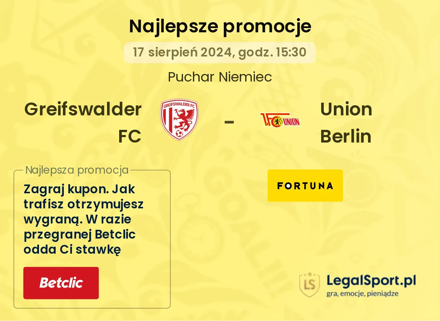 Greifswalder FC - Union Berlin promocje bukmacherskie (17.08, 15:30)