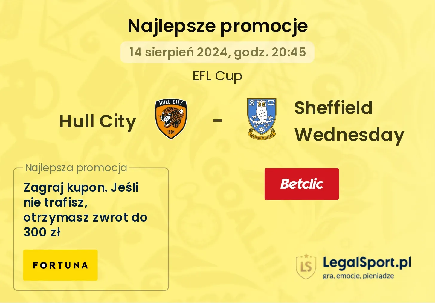 Hull City - Sheffield Wednesday promocje u bukmacherów (14.08, 20:45)