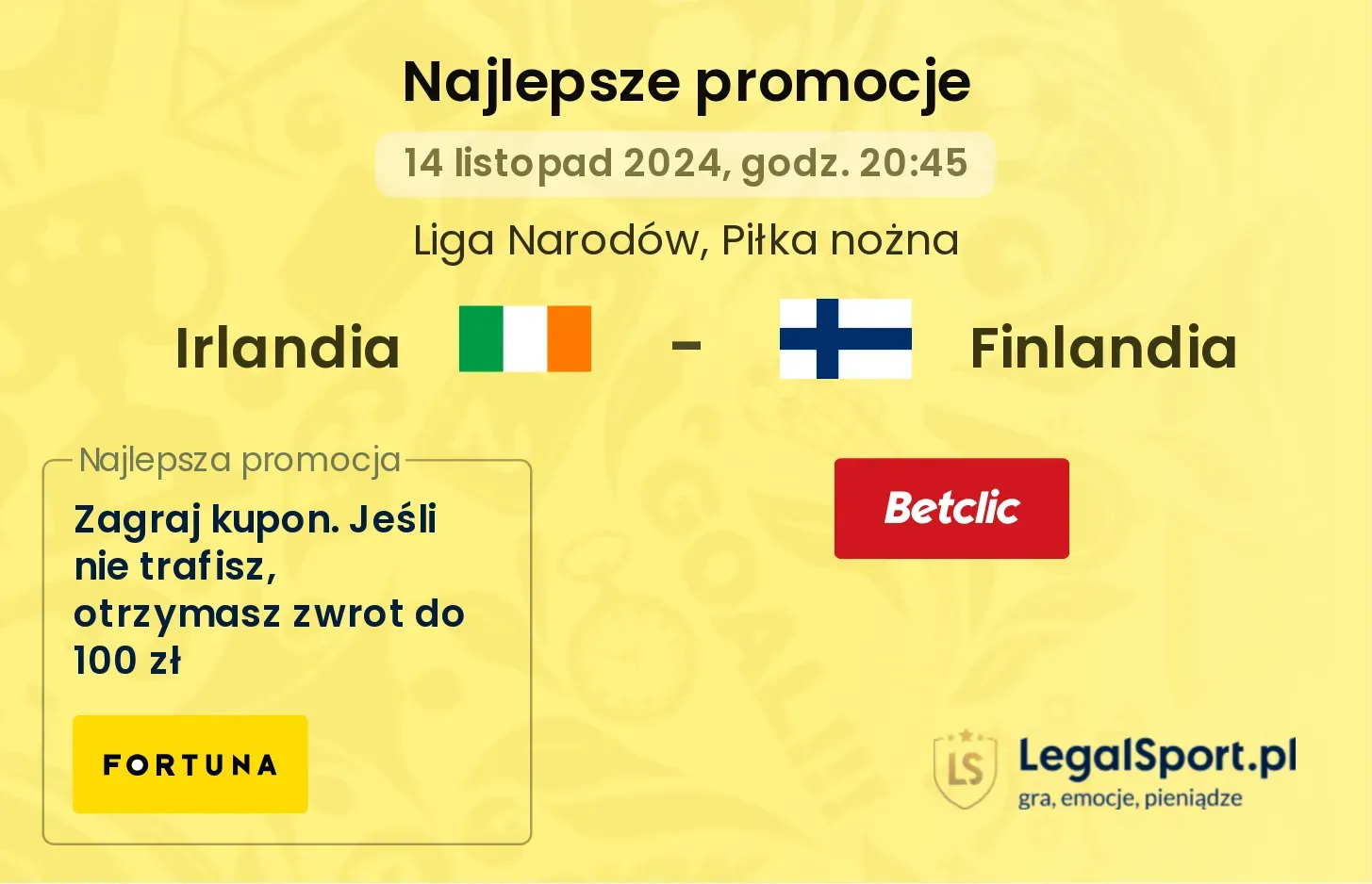 Irlandia - Finlandia promocje u bukmacherów 14.11, 20:45