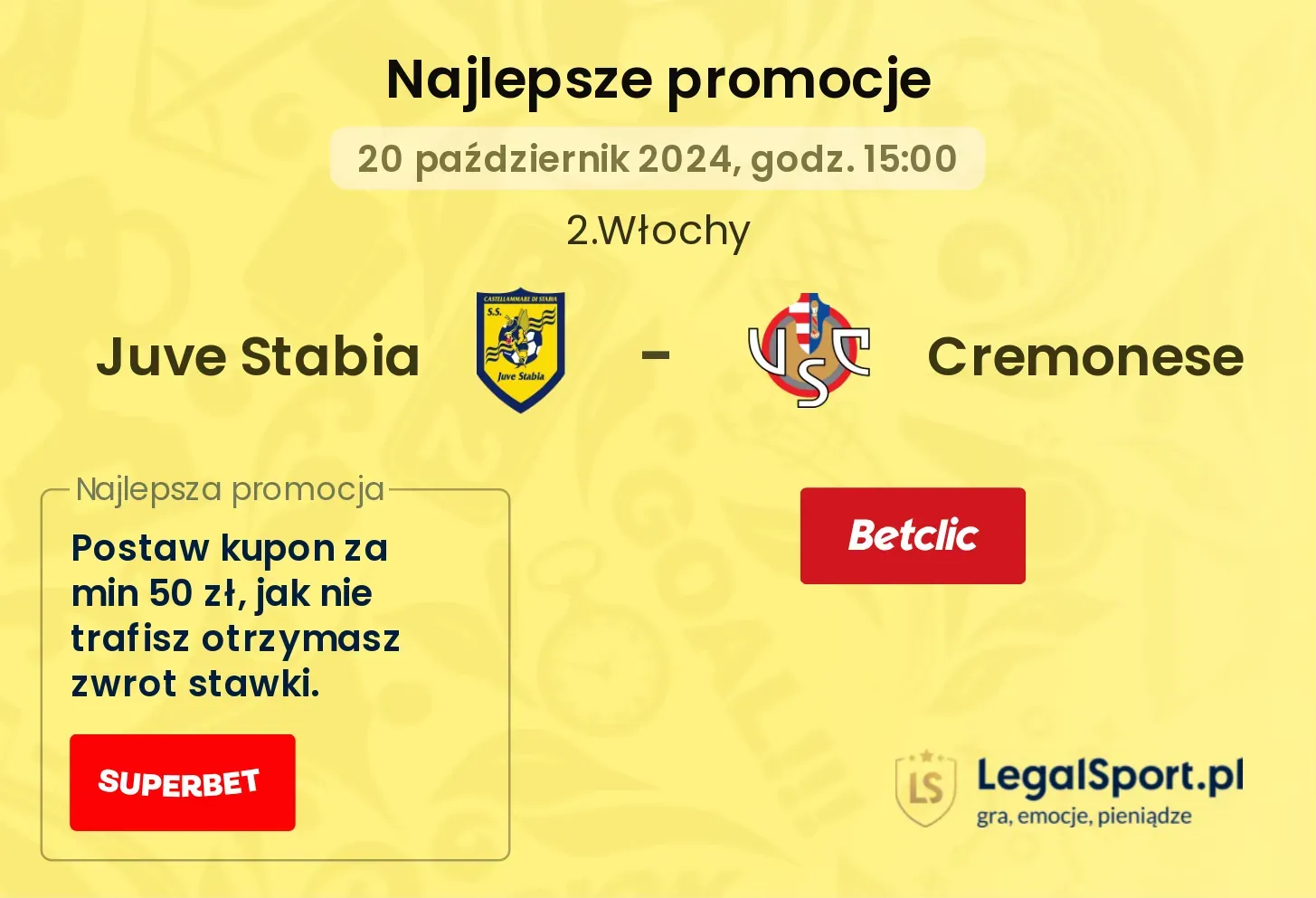 Juve Stabia - Cremonese promocje u bukmacherów 20.10, 15:00