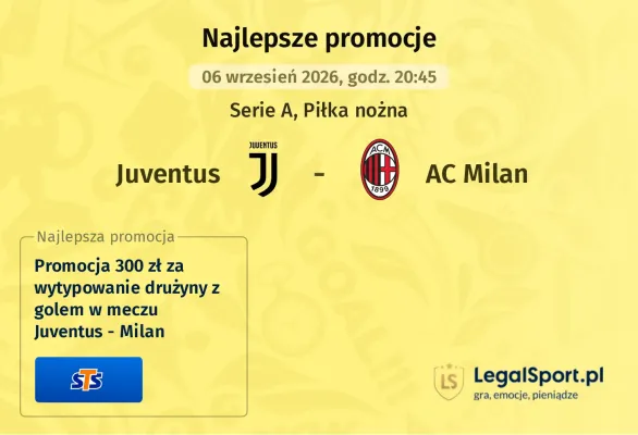 Promocja STS: 300 zł za wytypowanie drużyny z golem w meczu Juventus - Milan