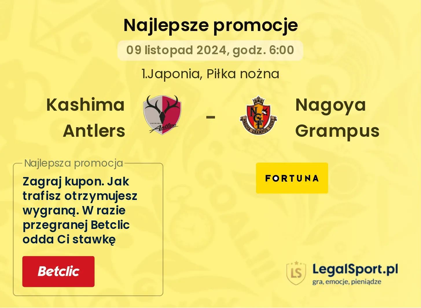 Kashima Antlers - Nagoya Grampus promocje u bukmacherów 09.11, 06:00