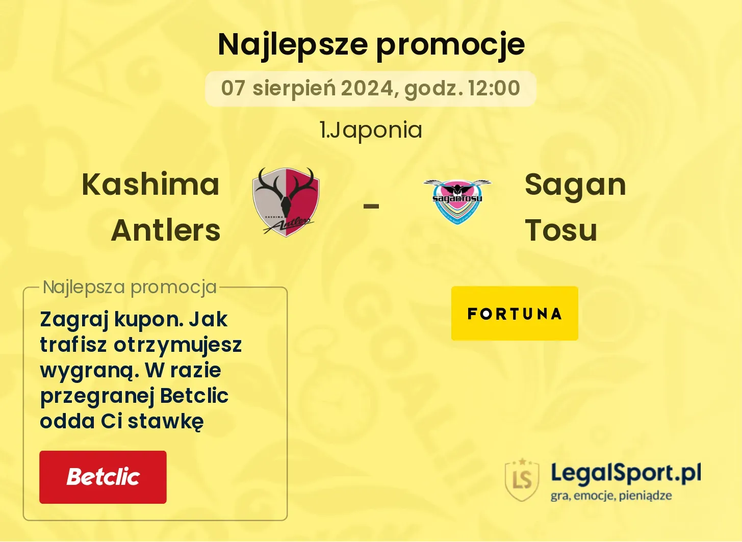 Kashima Antlers - Sagan Tosu promocje u bukmacherów (07.08, 12:00)