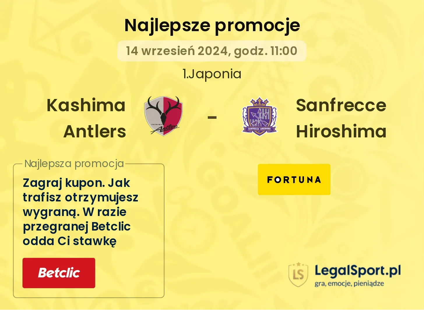 Kashima Antlers - Sanfrecce Hiroshima promocje bukmacherskie 14.09, 11:00