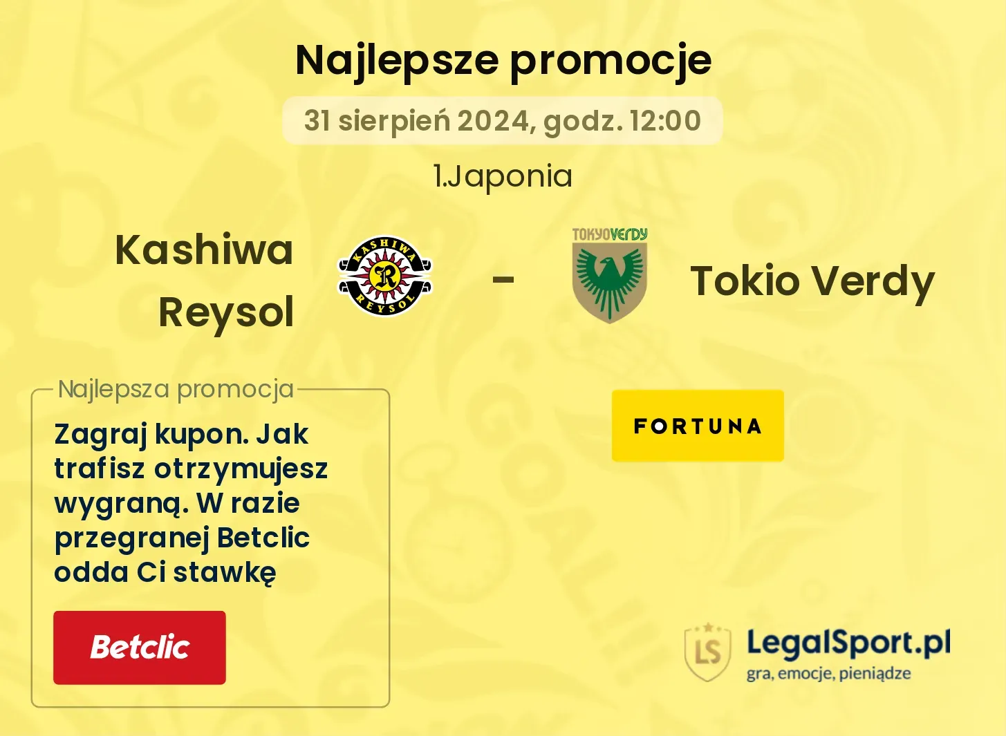 Kashiwa Reysol - Tokio Verdy promocje u bukmacherów 31.08, 12:00
