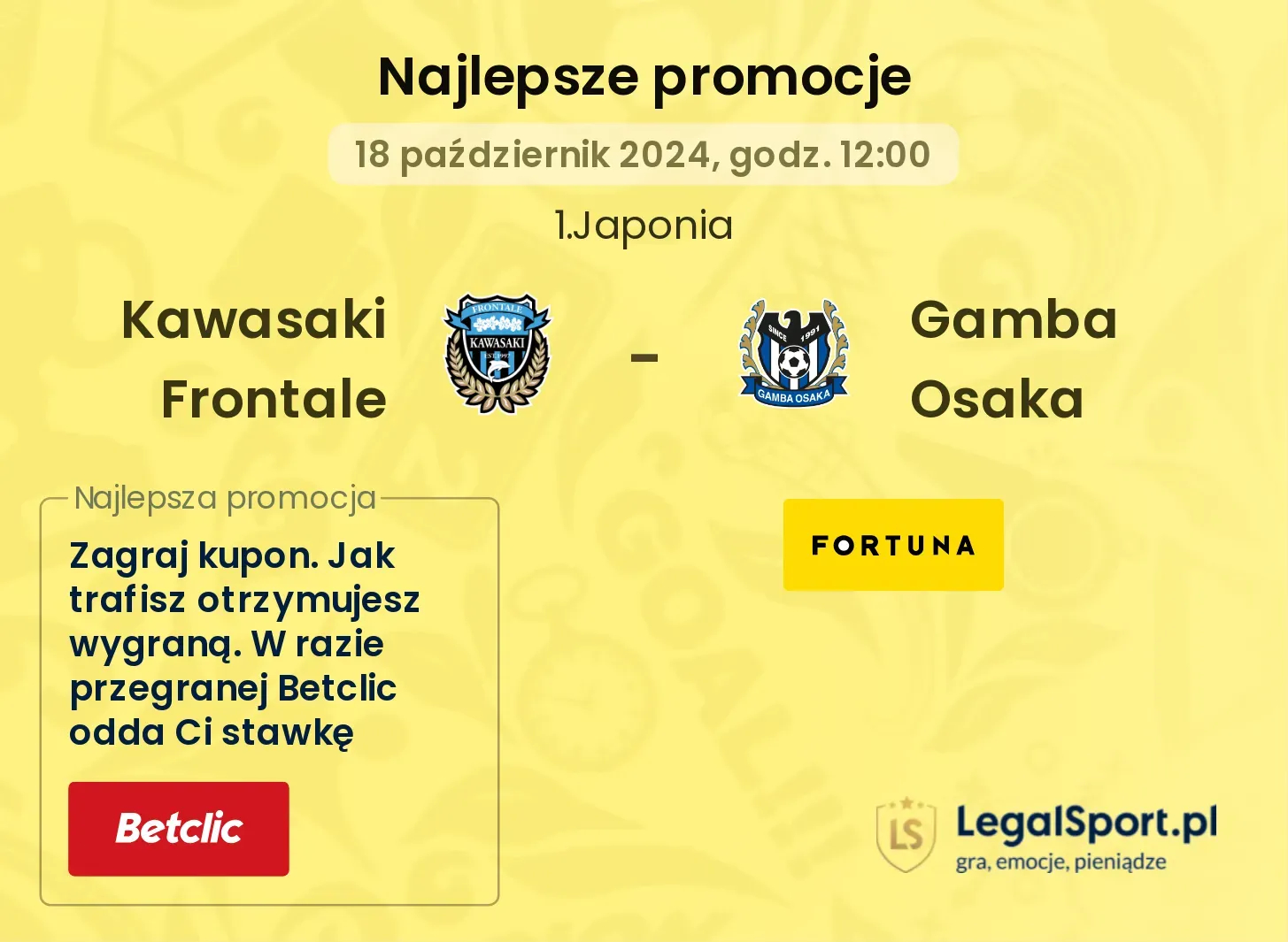 Kawasaki Frontale - Gamba Osaka promocje bukmacherskie 18.10, 12:00
