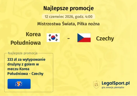 333 zł za wytypowanie drużyny z golem w meczu Korea Południowa - Czechy w STS