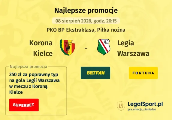 Promocja Fortuna: 100 zł za każdego gola Legii w meczu z Koroną Kielce