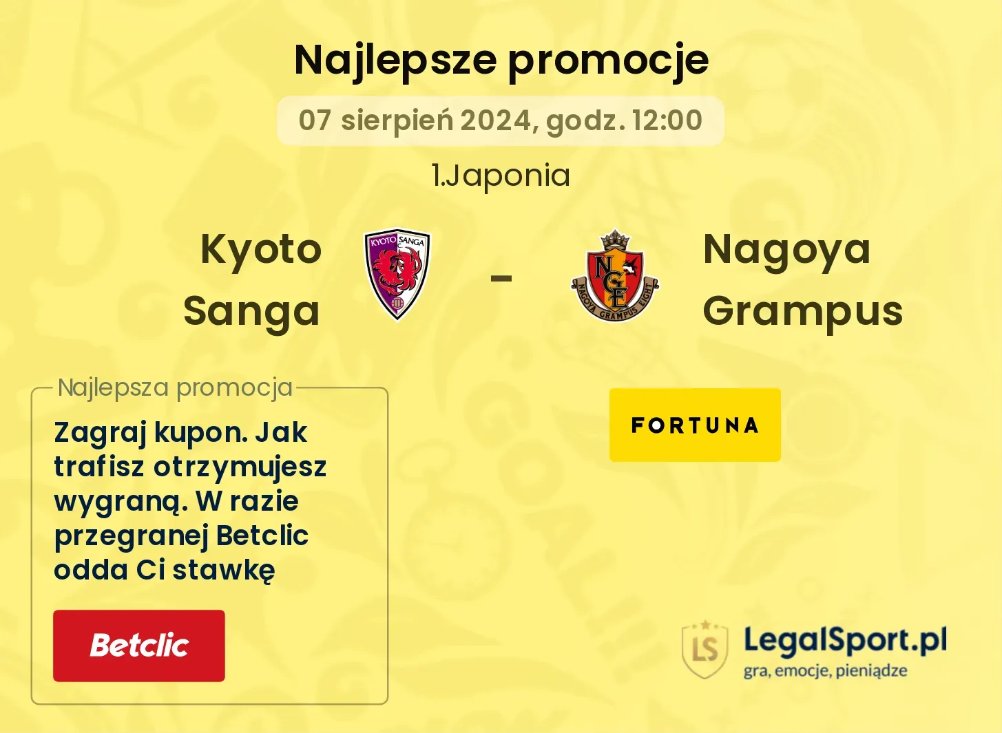 Kyoto Sanga - Nagoya Grampus promocje bukmacherskie (07.08, 12:00)