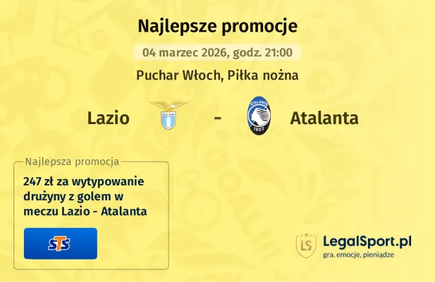 STS: 247 zł za wytypowanie drużyny z golem w meczu Lazio - Atalanta