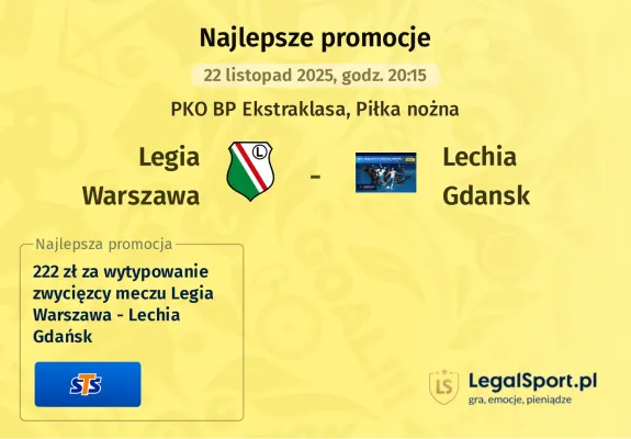 222 zł za wytypowanie zwycięzcy meczu Legia Warszawa - Lechia Gdańsk w STS