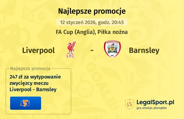 247 zł za wytypowanie zwycięzcy meczu Liverpool - Barnsley w STS