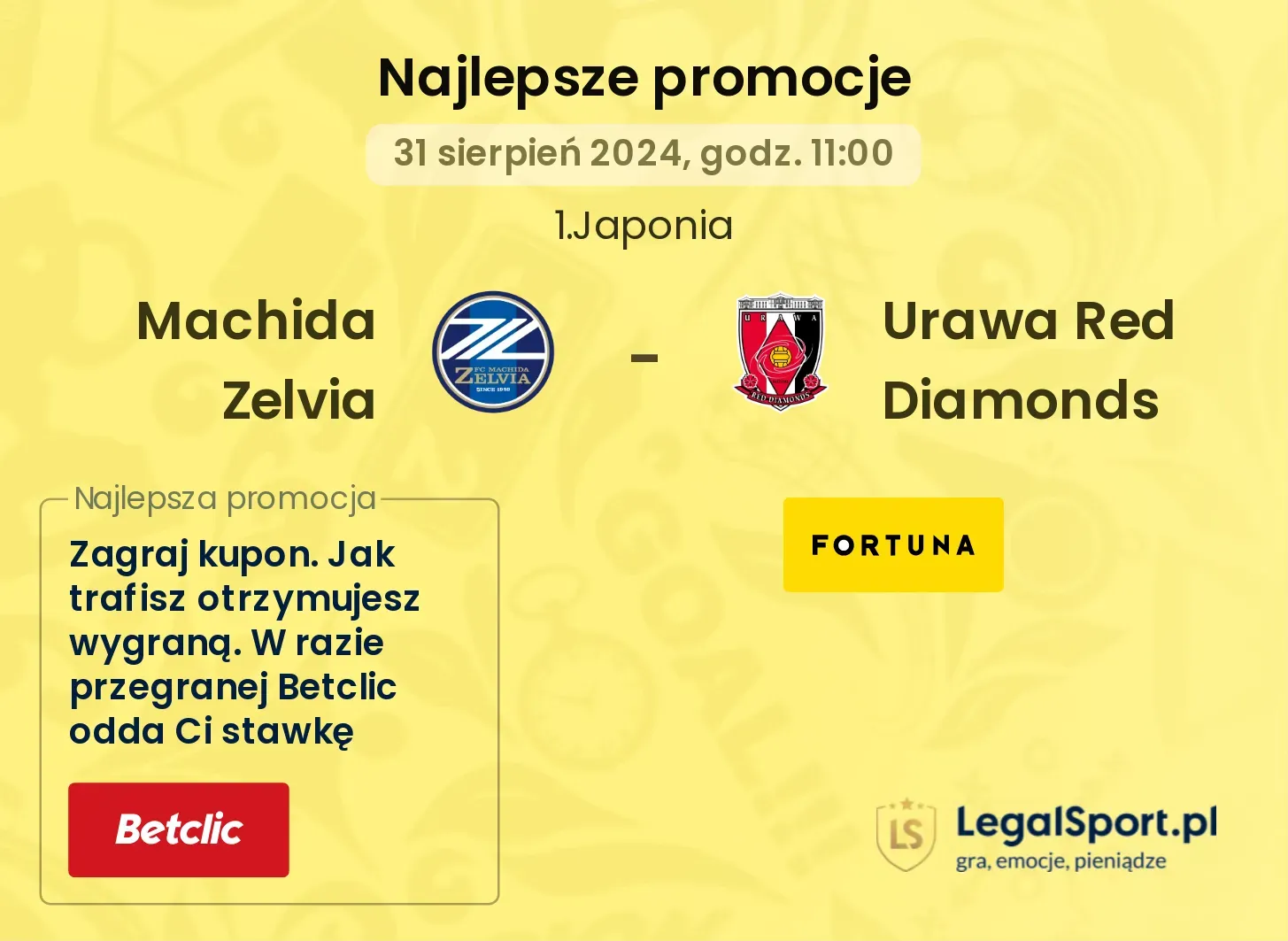 Machida Zelvia - Urawa Red Diamonds promocje bukmacherskie 31.08, 11:00
