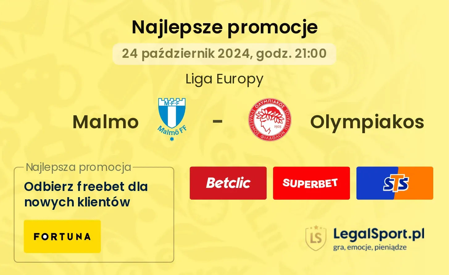 Malmo - Olympiakos promocje bukmacherskie 24.10, 21:00