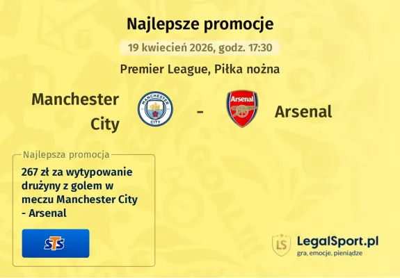 STS: 267 zł za wytypowanie drużyny z golem w meczu Manchester City - Arsenal