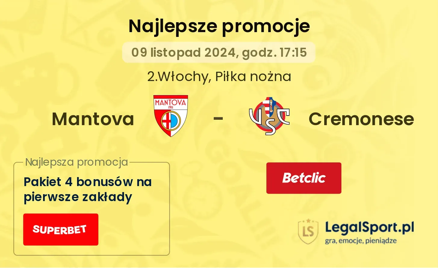 Mantova - Cremonese promocje bukmacherskie 09.11, 17:15