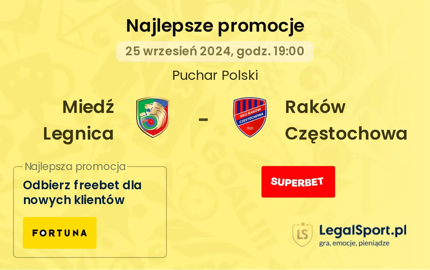 Miedź Legnica - Raków Częstochowa promocje bukmacherskie 25.09, 19:00