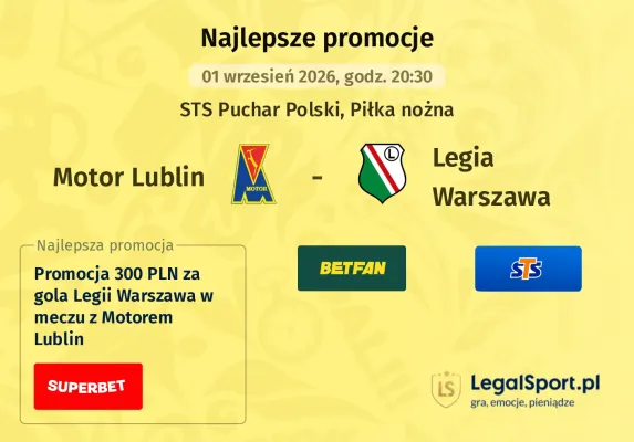 Promocja STS: 300 zł za wytypowanie drużyny z golem w meczu Motor Lublin - Legia Warszawa