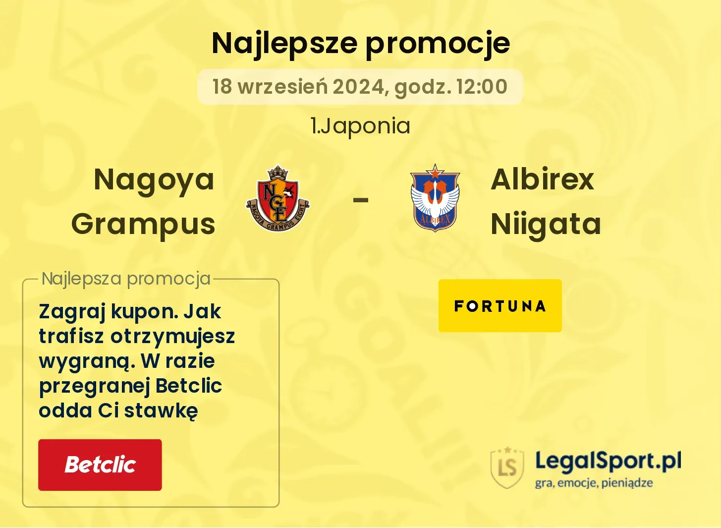Nagoya Grampus - Albirex Niigata promocje u bukmacherów 18.09, 12:00