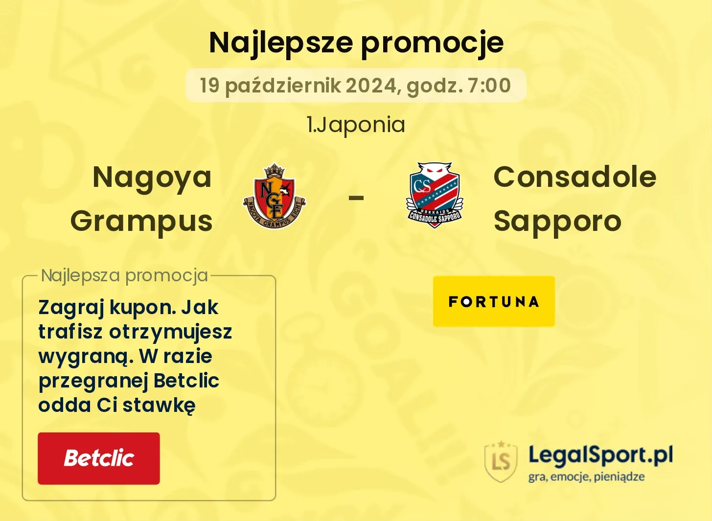 Nagoya Grampus - Consadole Sapporo promocje u bukmacherów 19.10, 07:00