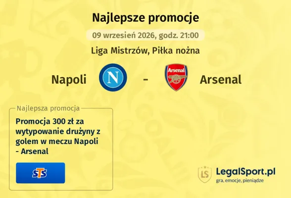 Promocja STS: 300 zł za wytypowanie drużyny z golem w meczu Napoli - Arsenal