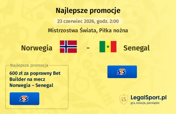 400 zł za wytypowanie piłkarza z golem w meczu Norwegia - Senegal od STS