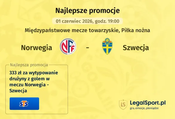 333 zł za wytypowanie drużyny z golem w meczu Norwegia - Szwecja od STS