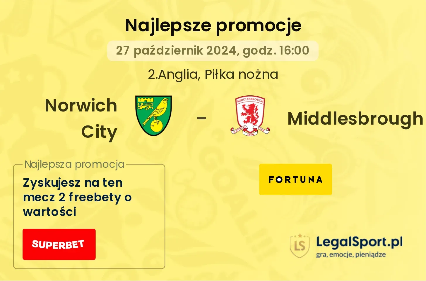 Norwich City - Middlesbrough promocje u bukmacherów 27.10, 16:00
