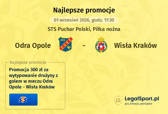 Promocja STS: 300 zł za wytypowanie drużyny z golem w meczu Odra Opole - Wisła Kraków